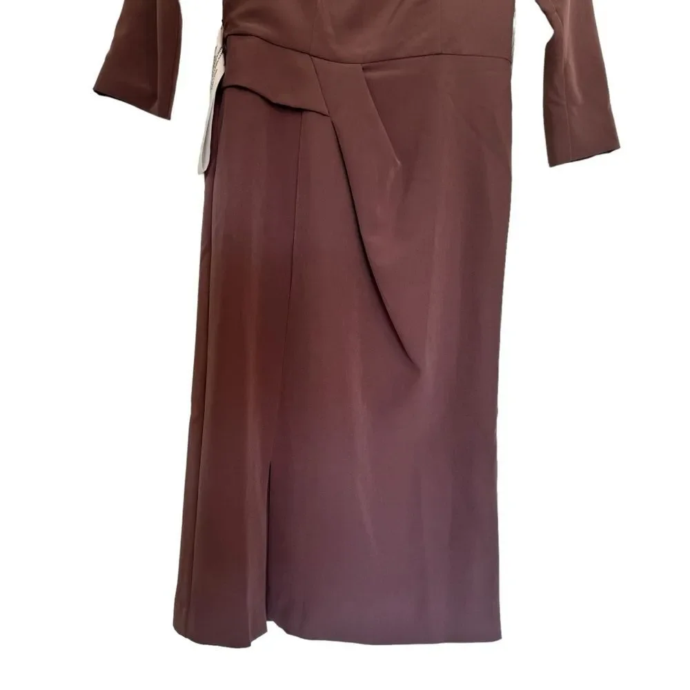 NWT KAY UNGER Size 4 Anya Asymmetric Crepe Midi-Dress - Mink color